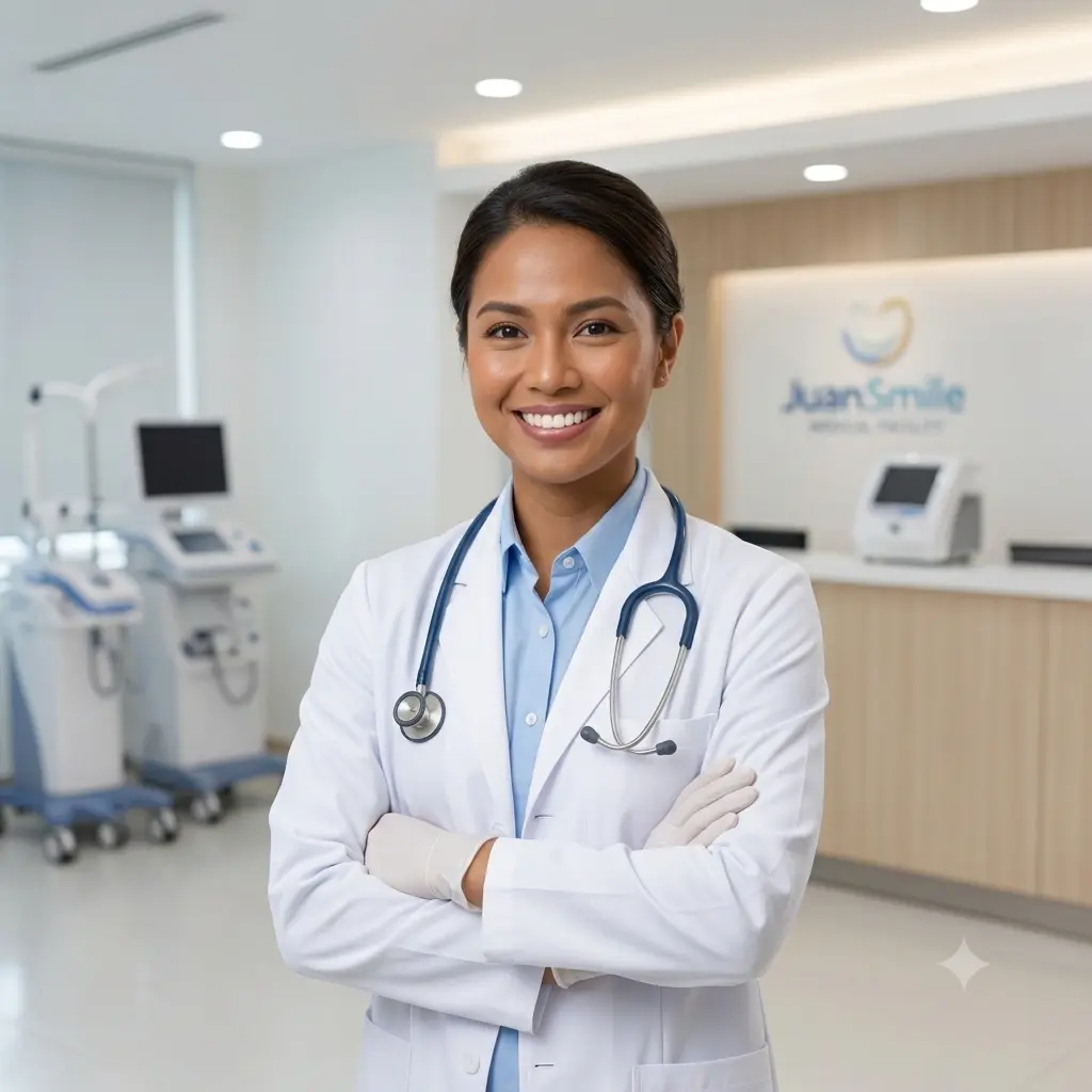 Female dentist posing showing clean and clear white teeth